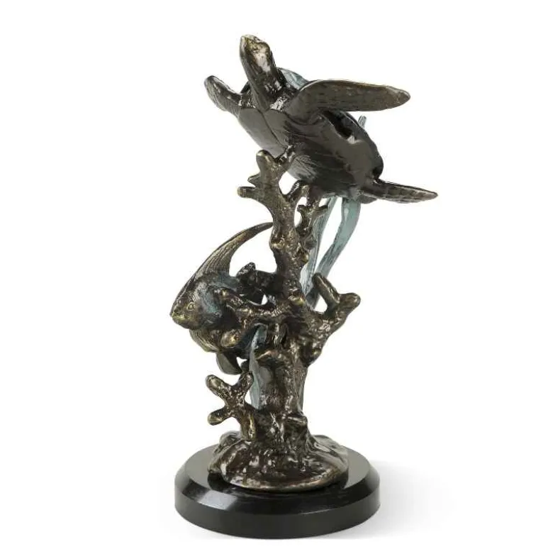 Aluminum and Marble Sea Turtle with Fish Sculpture