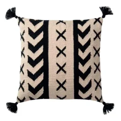 Black and White Geo Print Tasseled Outdoor Throw Pillow, 22