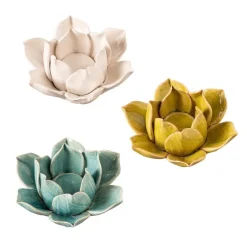 Ceramic Lotus Candleholders with Tealights and Matches, Set of 3