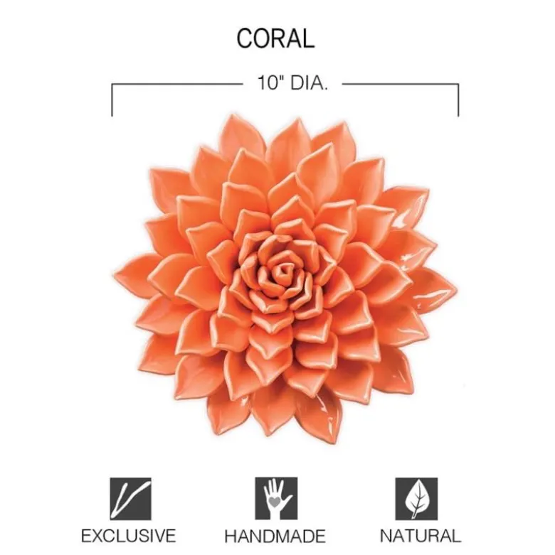 Ceramic Wall Flowers, 10" - Coral