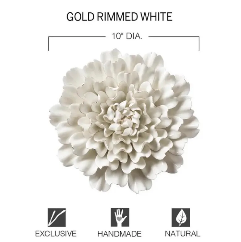 Ceramic Wall Flowers, 10" - Gold-Rimmed White