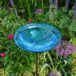 Crackle Glass Birdbath with Garden Stake