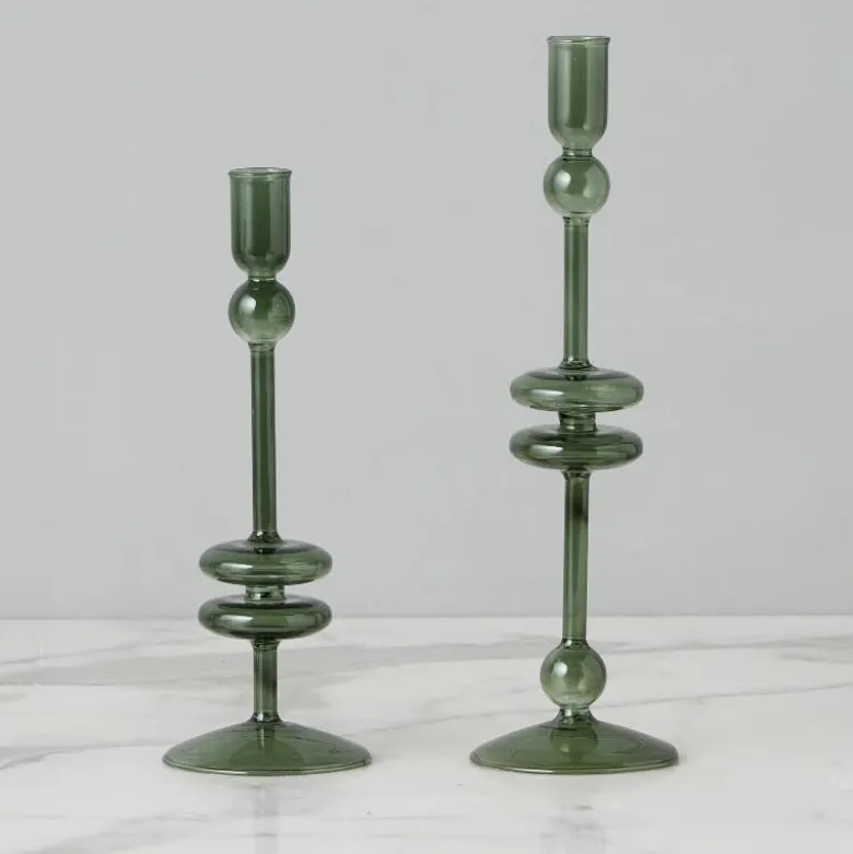 Emerald Glass Candlestick Pair