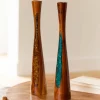 Glass Infused Teak Candle Holder, Short - Gold