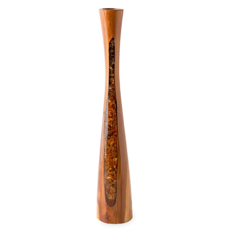Glass Infused Teak Candle Holder, Short - Gold