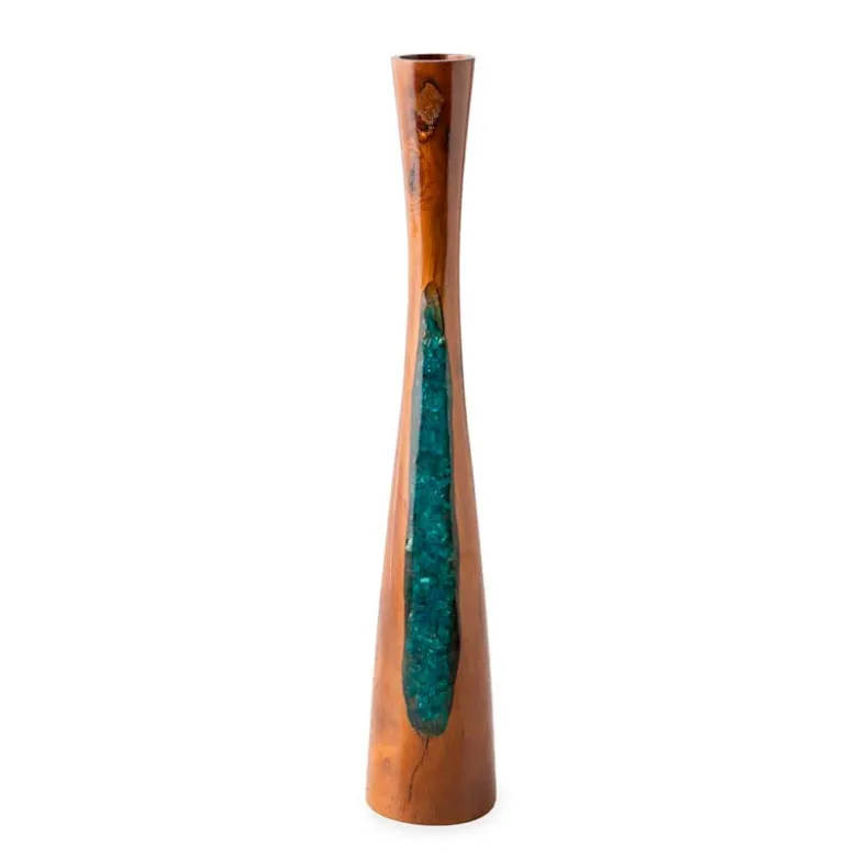 Glass Infused Teak Candle Holder, Short - Teal