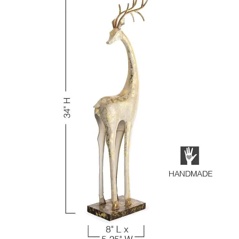 Gold and White Tall Slender Deer Statue Decor, Turned Head