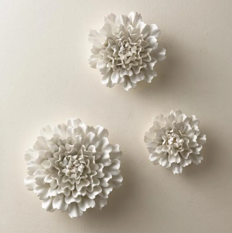 Gold-Rimmed White Ceramic Wall Flowers, Set of 3