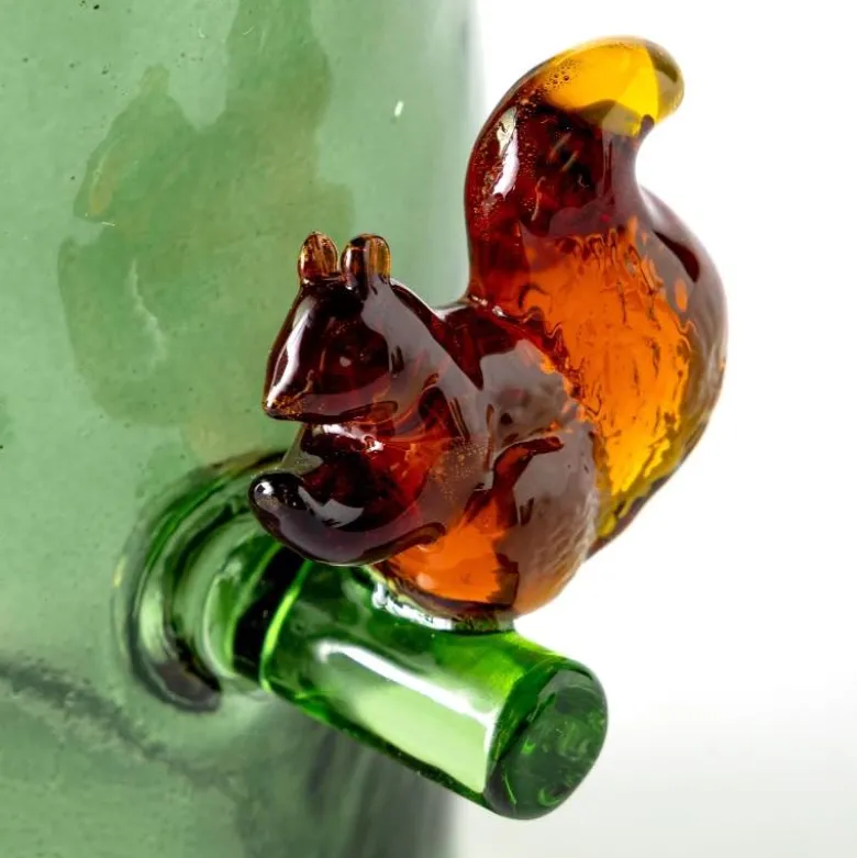 Green Glass Hurricane with Squirrel, 4.75"H