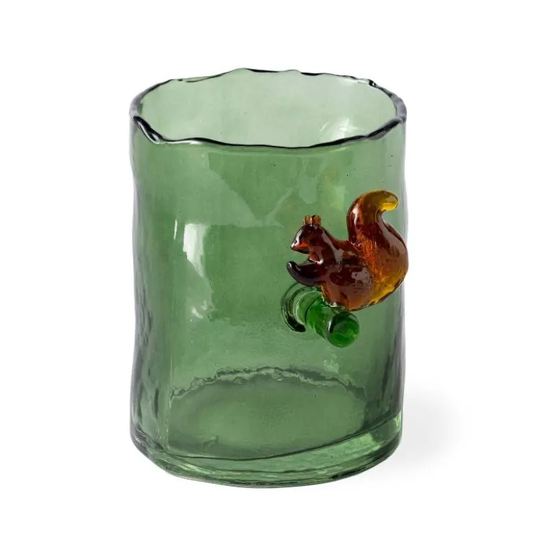 Green Glass Hurricane with Squirrel, 4.75"H