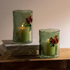 Green Glass Hurricane with Squirrel, 6"H
