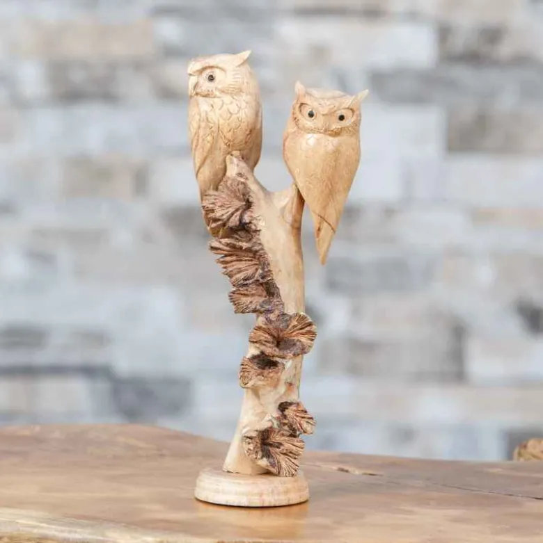 Hand-Carved Parasite Wood Owls on Branch Sculpture