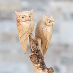 Hand-Carved Parasite Wood Owls on Branch Sculpture
