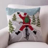 Hand-Hooked Wool Santa on Bike Pillow, 18" sq.