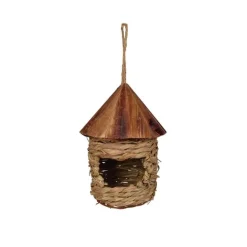 Hanging Grass Twine Roosting Pocket Birdhouse with Cedar Wood Roof