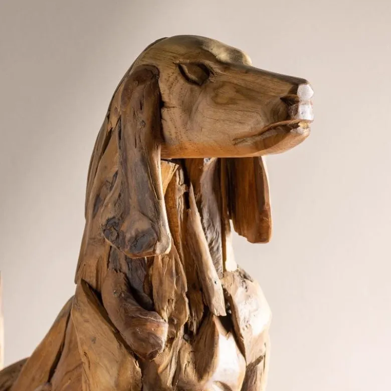 Indoor/ Outdoor Teak Sitting Dog Sculpture