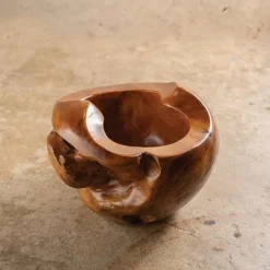 Large Distressed Round Teak Wood Vase
