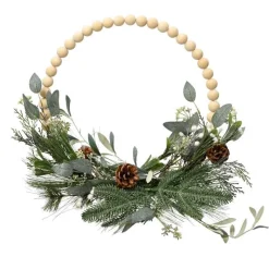 16" Modern Glitter Wreath with Wood Balls, Pine & Eucalyptus