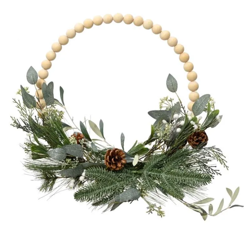 16" Modern Glitter Wreath with Wood Balls, Pine & Eucalyptus