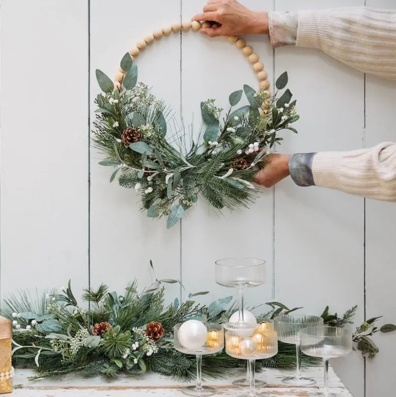 16" Modern Glitter Wreath with Wood Balls, Pine & Eucalyptus