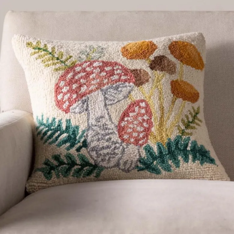 Mushroom Hand-Hooked Wool Decorative Throw Pillow