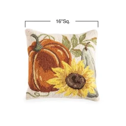 Pumpkin and Sunflower Hand-Hooked Pillow, 16