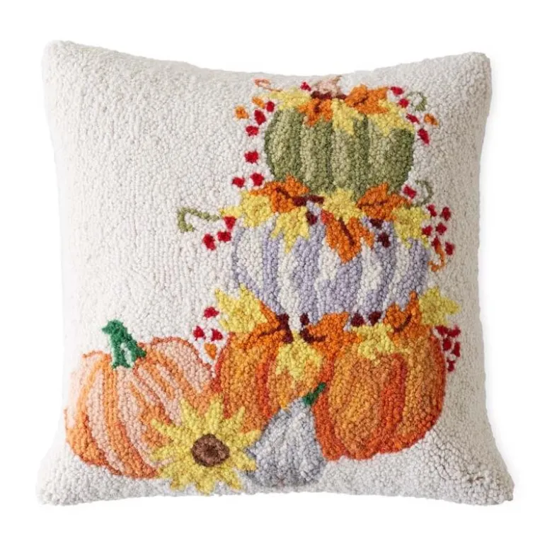 Pumpkin Cairn Hand-Hooked Wool Decorative Throw Pillow, 16"Sq.