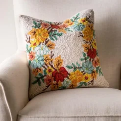 Pumpkin Wreath Hand-Hooked Wool Throw Pillow, 16" sq.