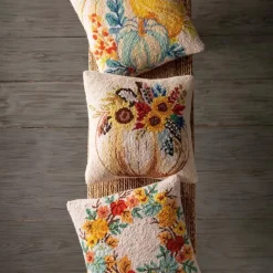 Pumpkin Wreath Hand-Hooked Wool Throw Pillow, 16" sq.