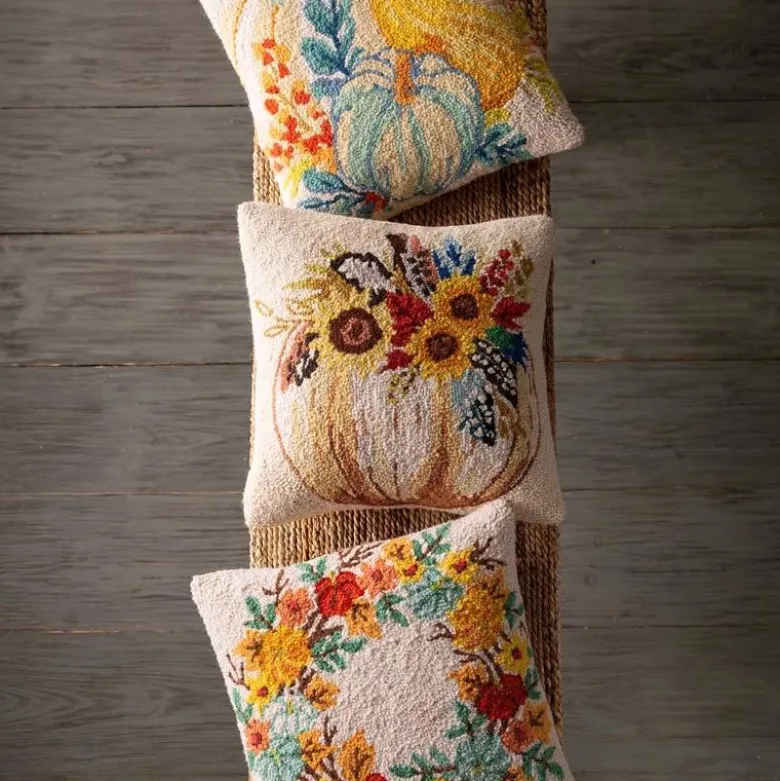 Pumpkin Wreath Hand-Hooked Wool Throw Pillow, 16" sq.