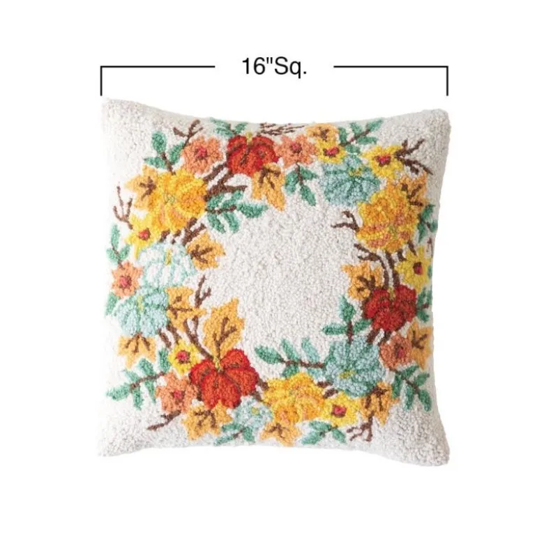 Pumpkin Wreath Hand-Hooked Wool Throw Pillow, 16" sq.