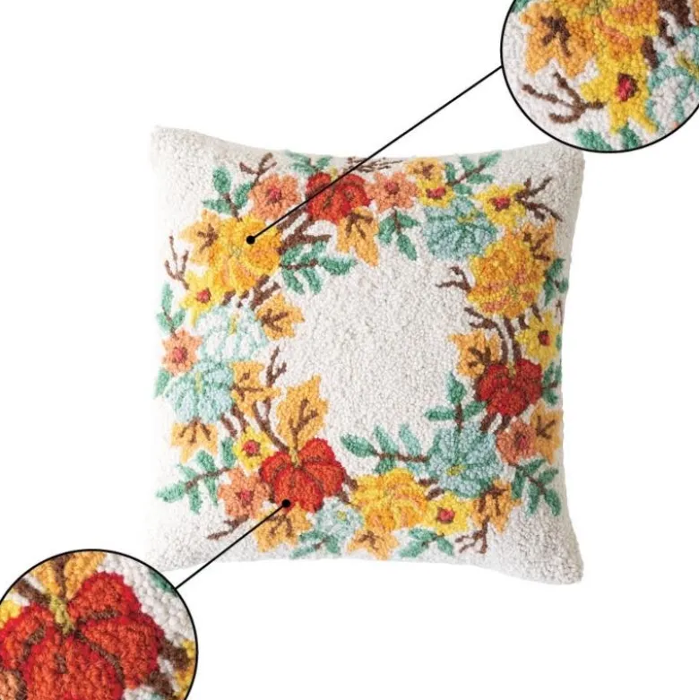 Pumpkin Wreath Hand-Hooked Wool Throw Pillow, 16" sq.