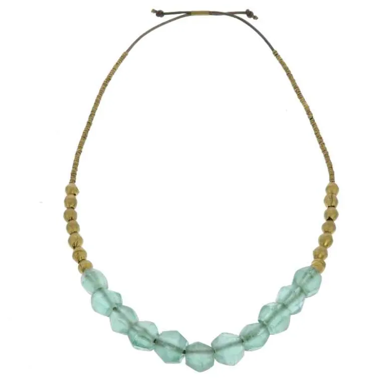 Recycled Sea Glass Beaded Brass Necklace (aqua)