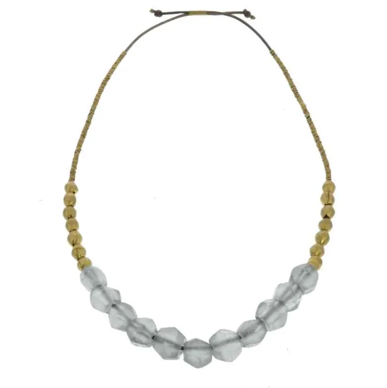 Recycled Sea Glass Beaded Brass Necklace (gray)