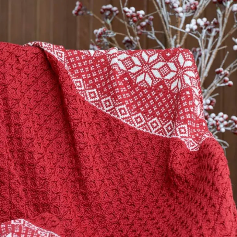 Red Merino Wool Jacquard Throw with Snowflake Pattern, 40" x 60"