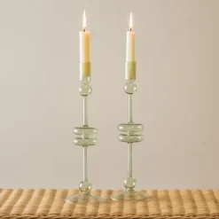 Sage Glass Candlestick Pair