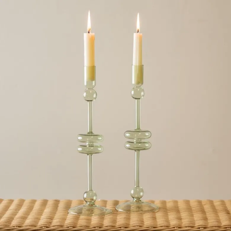 Sage Glass Candlestick Pair