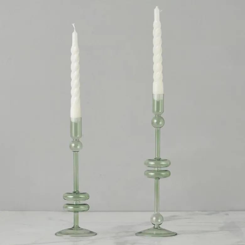 Sage Glass Candlestick Pair