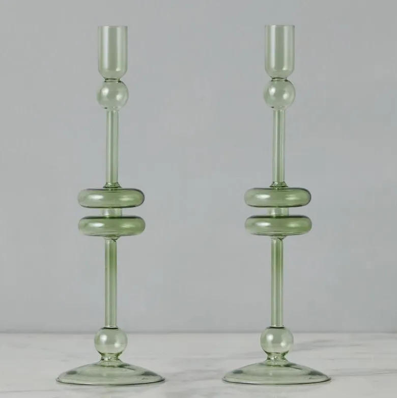 Sage Glass Candlestick Pair