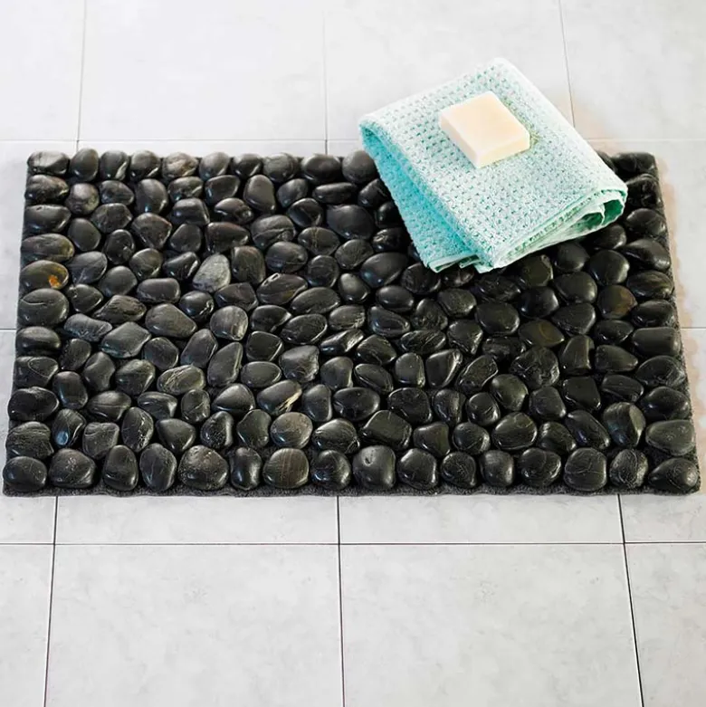 Smooth River Rock Stone Floor Mat, Indoor/ Outdoor - Black