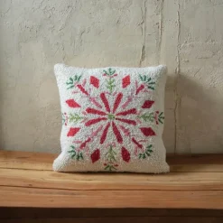 Snowflake Pattern Hooked Wool Pillow, 16" sq.
