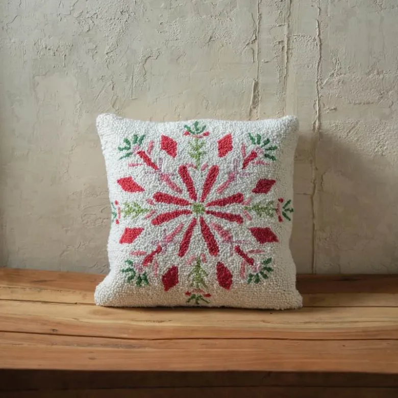 Snowflake Pattern Hooked Wool Pillow, 16" sq.