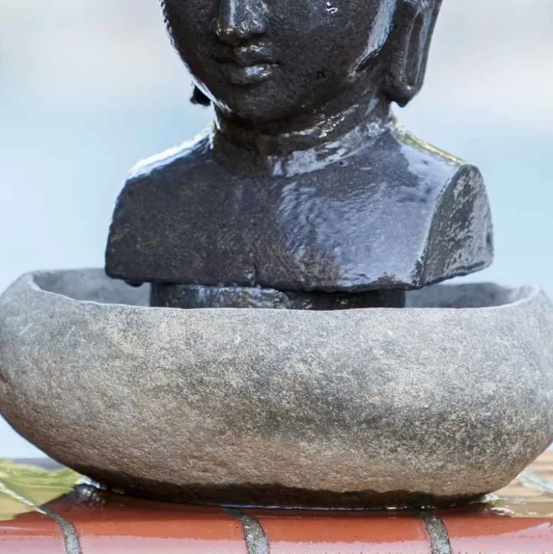Stone Tabletop Buddha Head Fountain, 16"H
