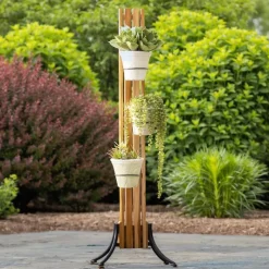 Teak Wood Garden Tower Indoor/Outdoor Plant Stand, 3 Rings