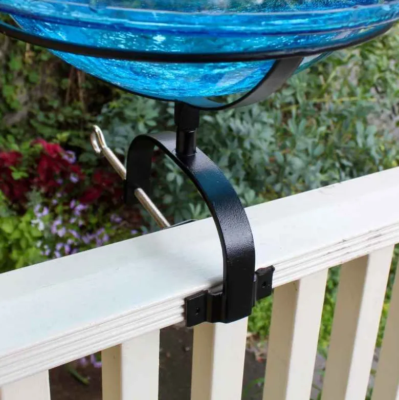 12" Teal Crackle Glass Bird Bath with Railing Mount