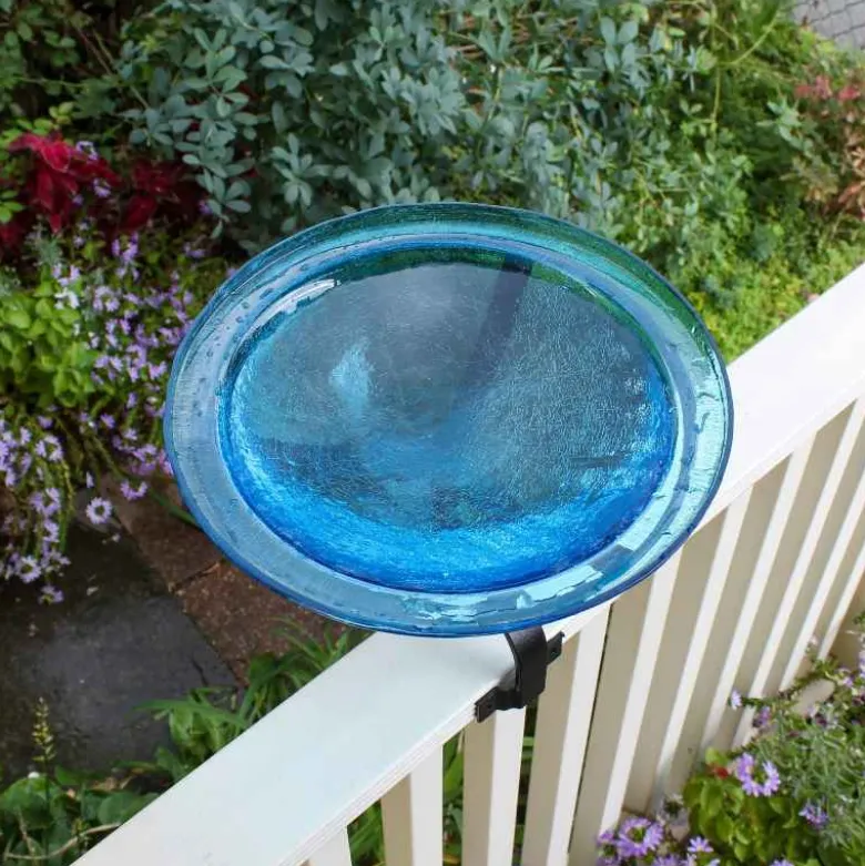 12" Teal Crackle Glass Bird Bath with Railing Mount